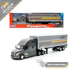 CAMIÓN SEMIRREMOLQUE FREIGHTLINER CASCADIA CUSTOM GRIS CON REMOLQUE DE CAJA FREIGHTLINER – TRANSPORTER.