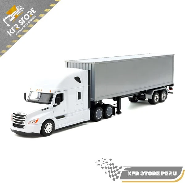 CAMIÓN SEMIRREMOLQUE FREIGHTLINER CASCADIA WELLY BLANCO CON REMOLQUE DE CAJA PLATEADO – TRANSPORTADOR - Imagen 2