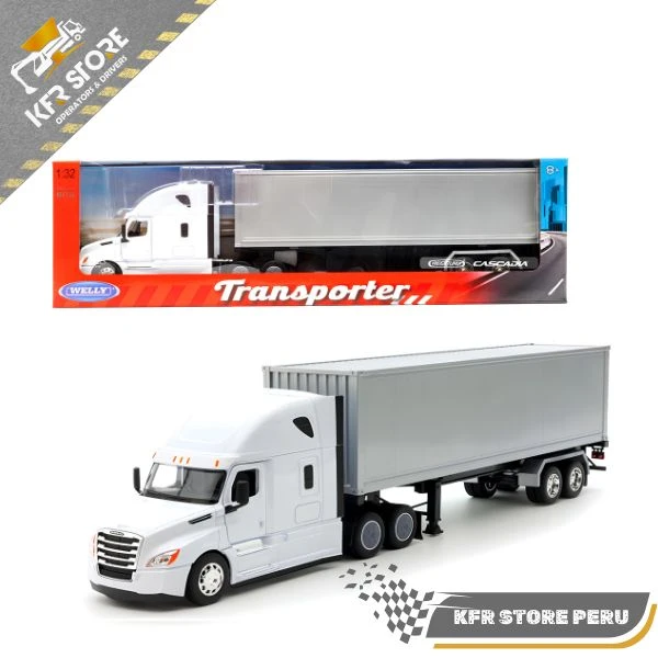 CAMIÓN SEMIRREMOLQUE FREIGHTLINER CASCADIA WELLY BLANCO CON REMOLQUE DE CAJA PLATEADO – TRANSPORTADOR